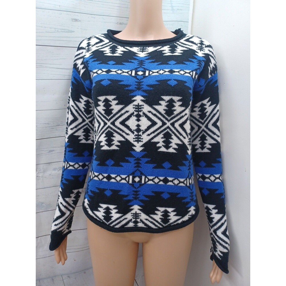 Confess Blue Cozy Aztec South-Western Geometric Sweater Womens M